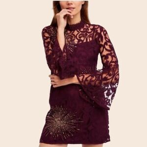 Free People Burgundy North Star Mini Dress w/ Bell Sleeves Size 2